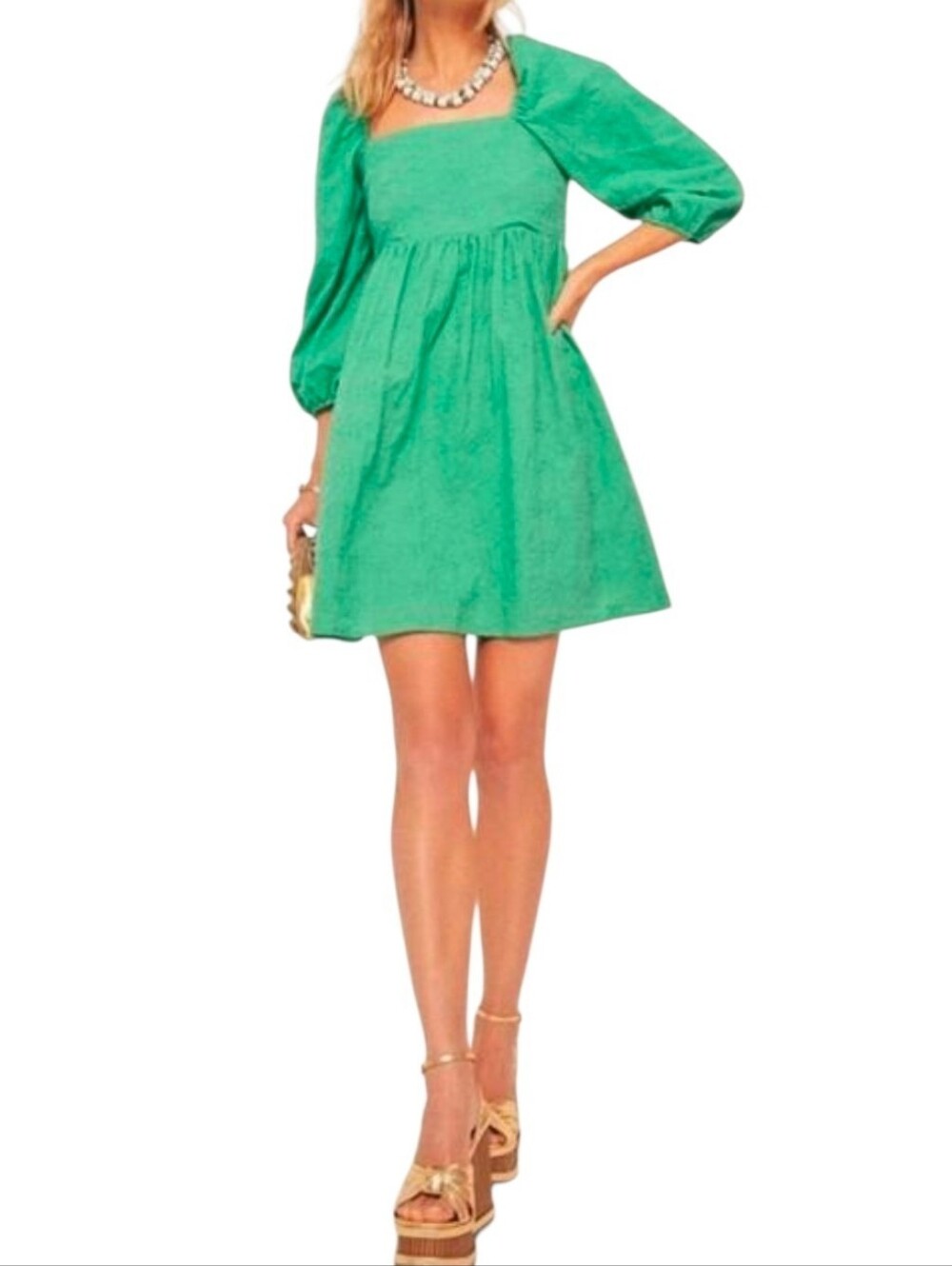 Pomander Place Elizabeth mini dress kelly green embroidered puff sleeves Sz Med